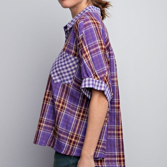 Easel Purple Plaid Oversized Button Down Top NWT M - Picture 5 of 10